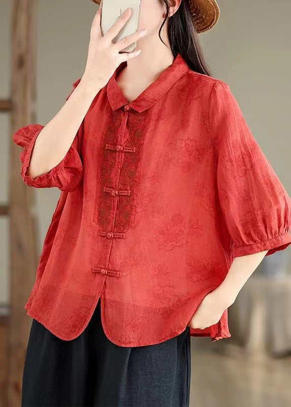 Retro Red Peter Pan Collar Embroidered Shirt Bracelet Sleeve AP021