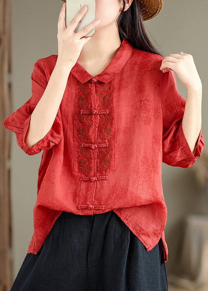 Retro Red Peter Pan Collar Embroidered Shirt Bracelet Sleeve AP021