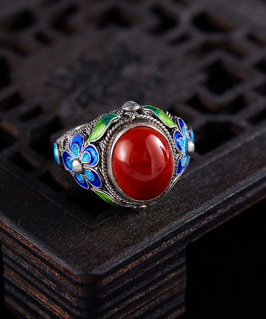 Sterling Agate Silver Retro Red Rings Cloisonne