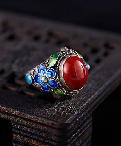 Sterling Agate Silver Retro Red Rings Cloisonne