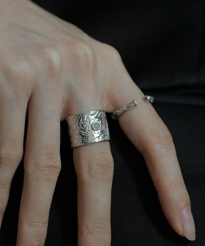 Sterling Retro Inlay Jade Silk Silver Rings