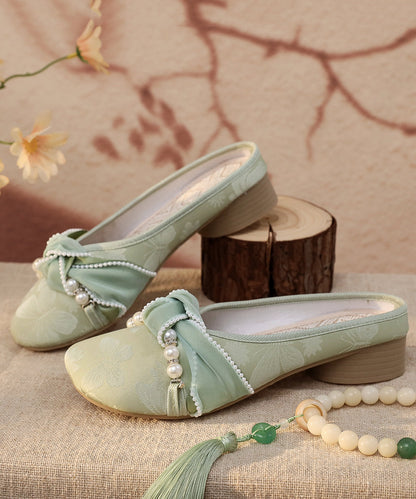 Chunky Splicing Satin Slide Retro Embroidered Sandals White