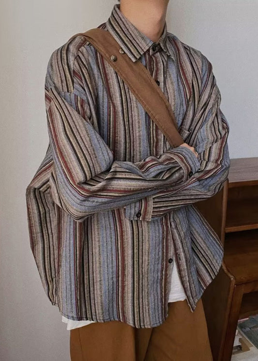 Spring Mens Pockets Button Striped Oversized Cotton Shirts Retro
