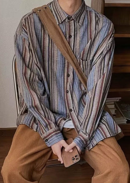 Spring Mens Pockets Button Striped Oversized Cotton Shirts Retro