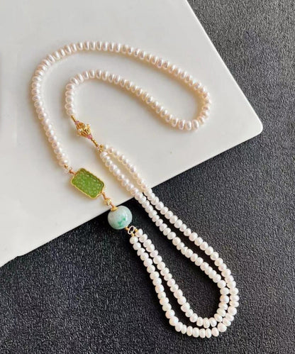 Gratuated Necklace Pearl White Beading Jade Bead Alloy Retro