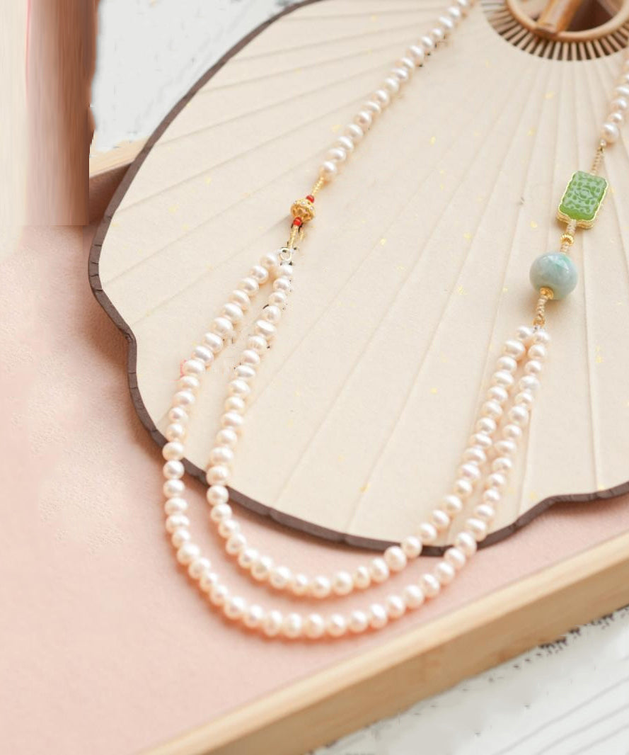 Gratuated Necklace Pearl White Beading Jade Bead Alloy Retro
