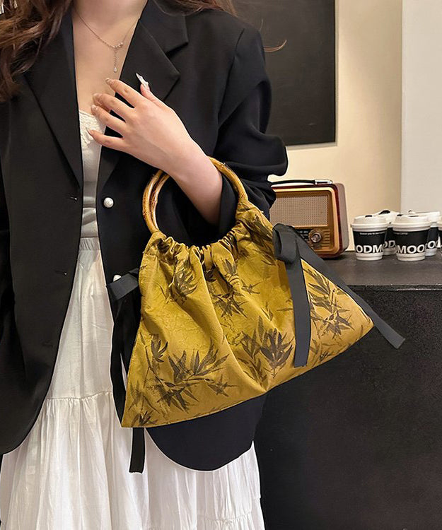 Retro Yellow Cinched Embroideried Silk Tote Handbag II032