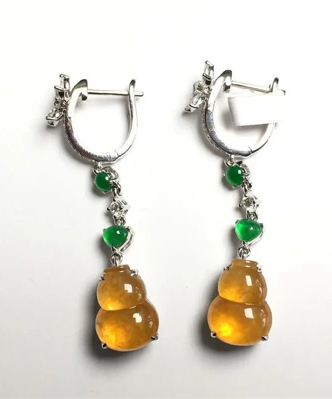 Retro Yellow Sterling Silver Zircon Jade Gourd Drop Earrings AC1049