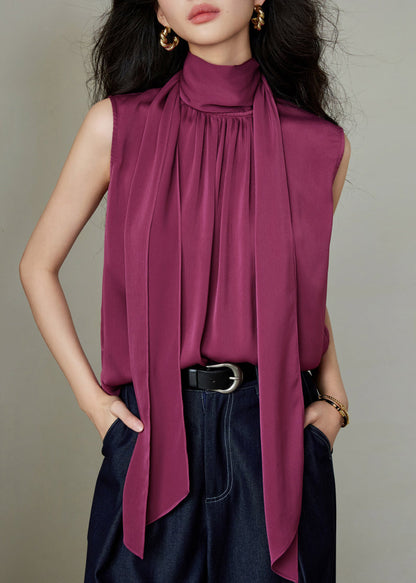 Wrinkled Rose Button Solid Silk Bow Blouses Summer