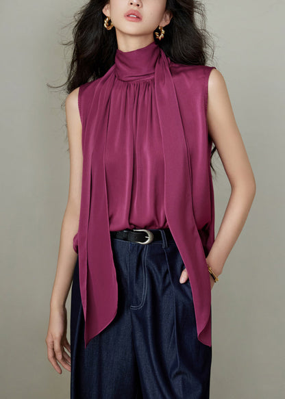 Wrinkled Rose Button Solid Silk Bow Blouses Summer