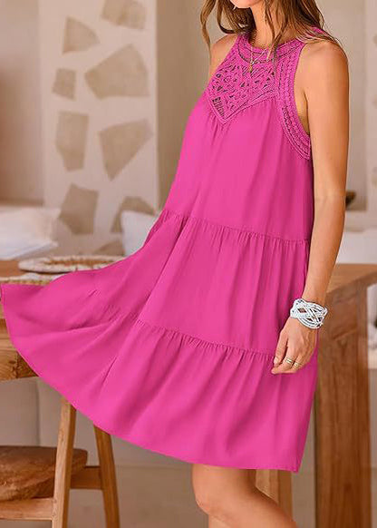 Patchwork Cotton Rose Dress Hollow Out Sleeveless Mini