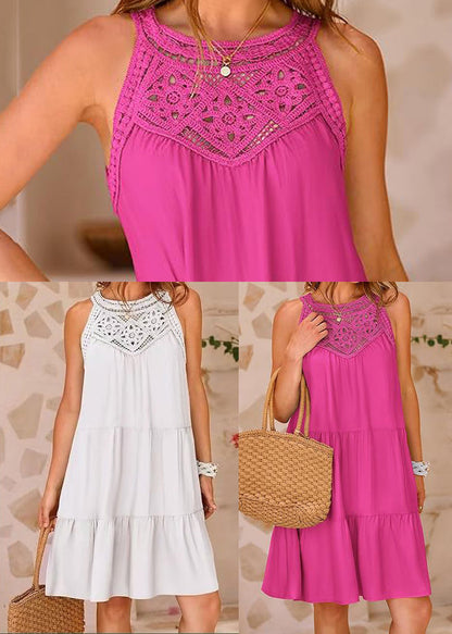 Patchwork Cotton Rose Dress Hollow Out Sleeveless Mini