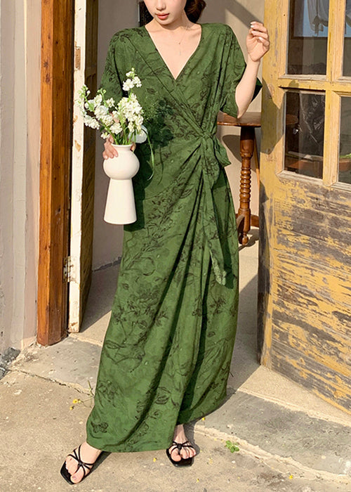 Cotton Rose Dress Print Waist Summer V Neck Tie Long