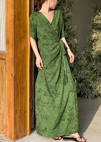 Cotton Rose Dress Print Waist Summer V Neck Tie Long