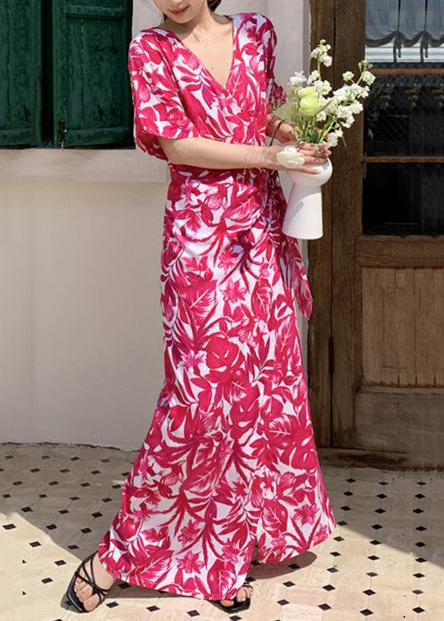 Cotton Rose Dress Print Waist Summer V Neck Tie Long