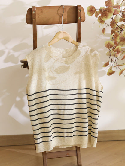 Women Summer Casual Stripe Knitted O-Neck Linen Vest CX004