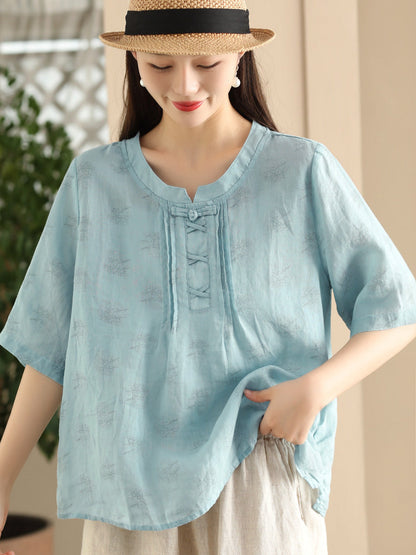 Women Summer Artsy Flower Stand Collar Ramie Shirt LL040