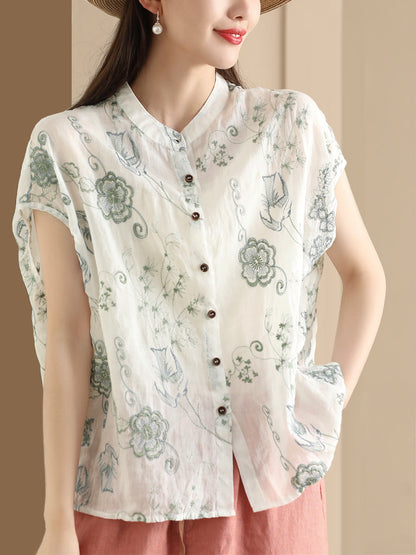 Women Summer Vintage Flower Embroidery Button Ramie Shirt OO1048