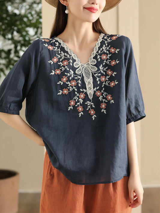 Women Summer Artsy Flower Embroidery Ramie V-Neck Shirt CC030