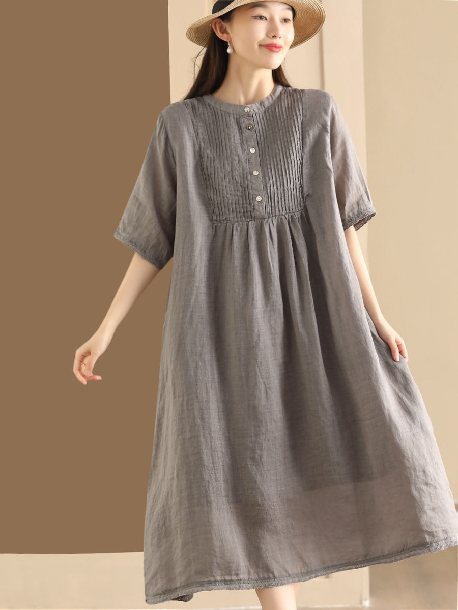 Women Summer Casual Solid Shirred Button Linen Dress HH019