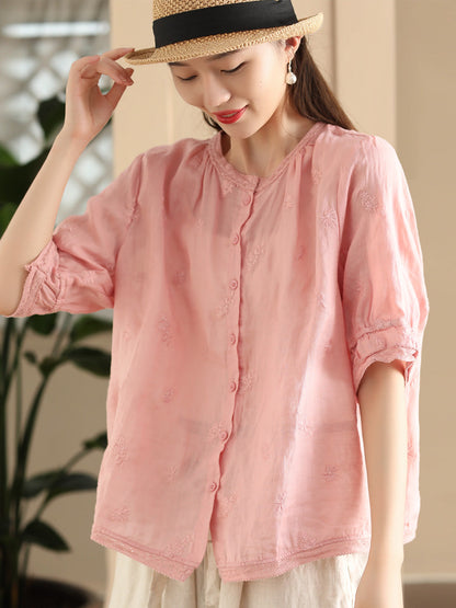 Chemise d'été boutonnée en ramie pour femme avec broderie vintage CX007