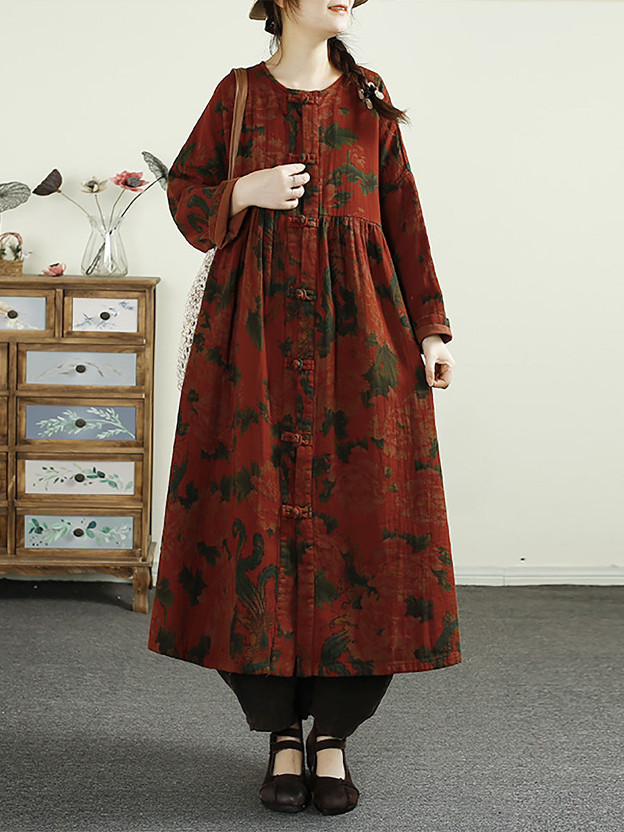 Women Ethnic Flower Button Linen Shirt Coat AI1017