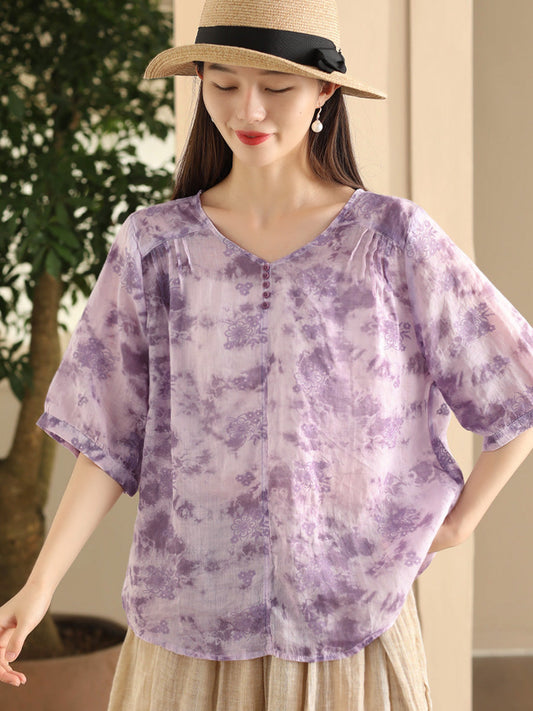 Women Summer Artsy Flower V-Neck Thin Ramie Shirt FD004