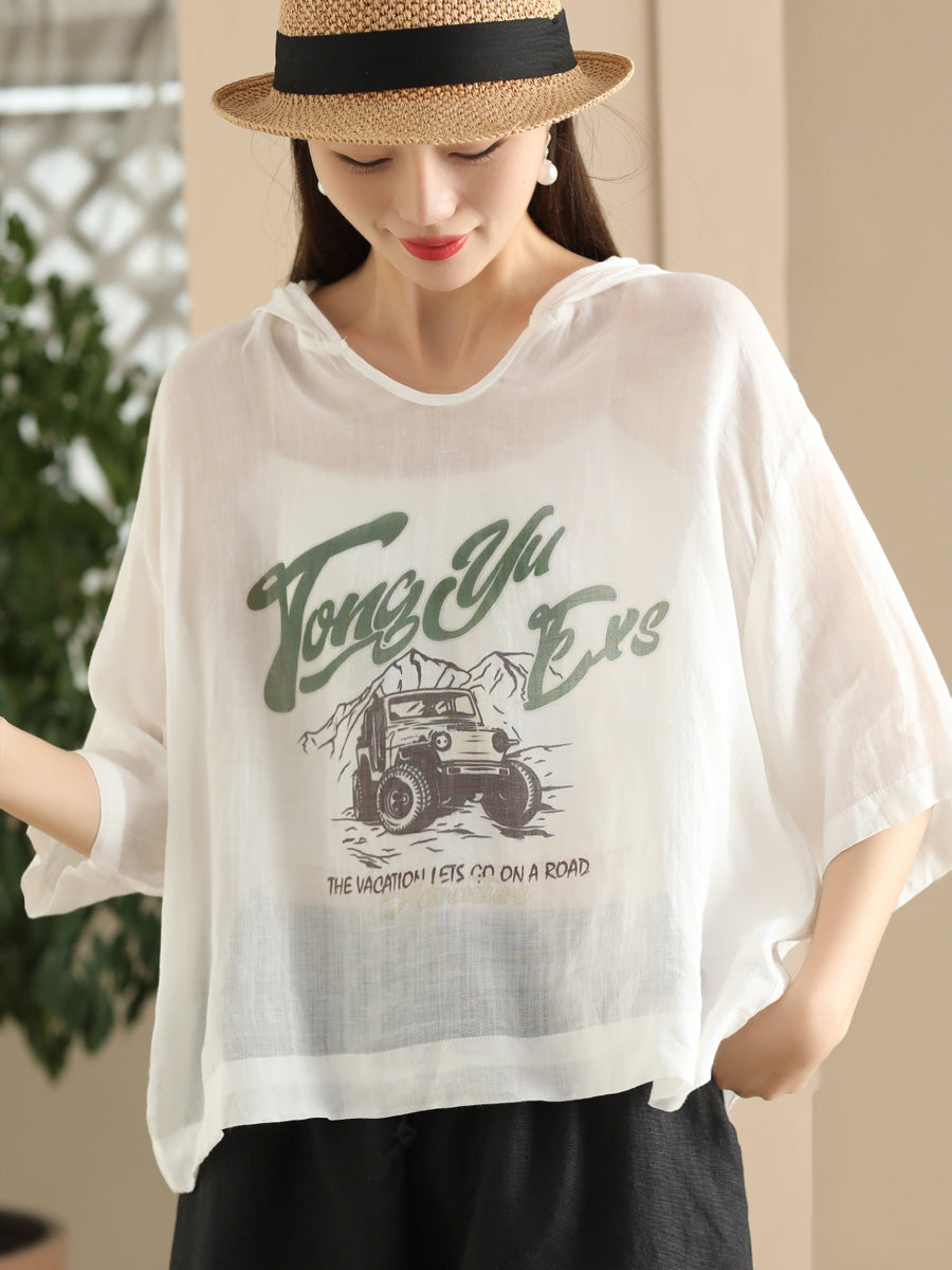 Women Summer Casual Print Thin Ramie HoodedShirt LL038