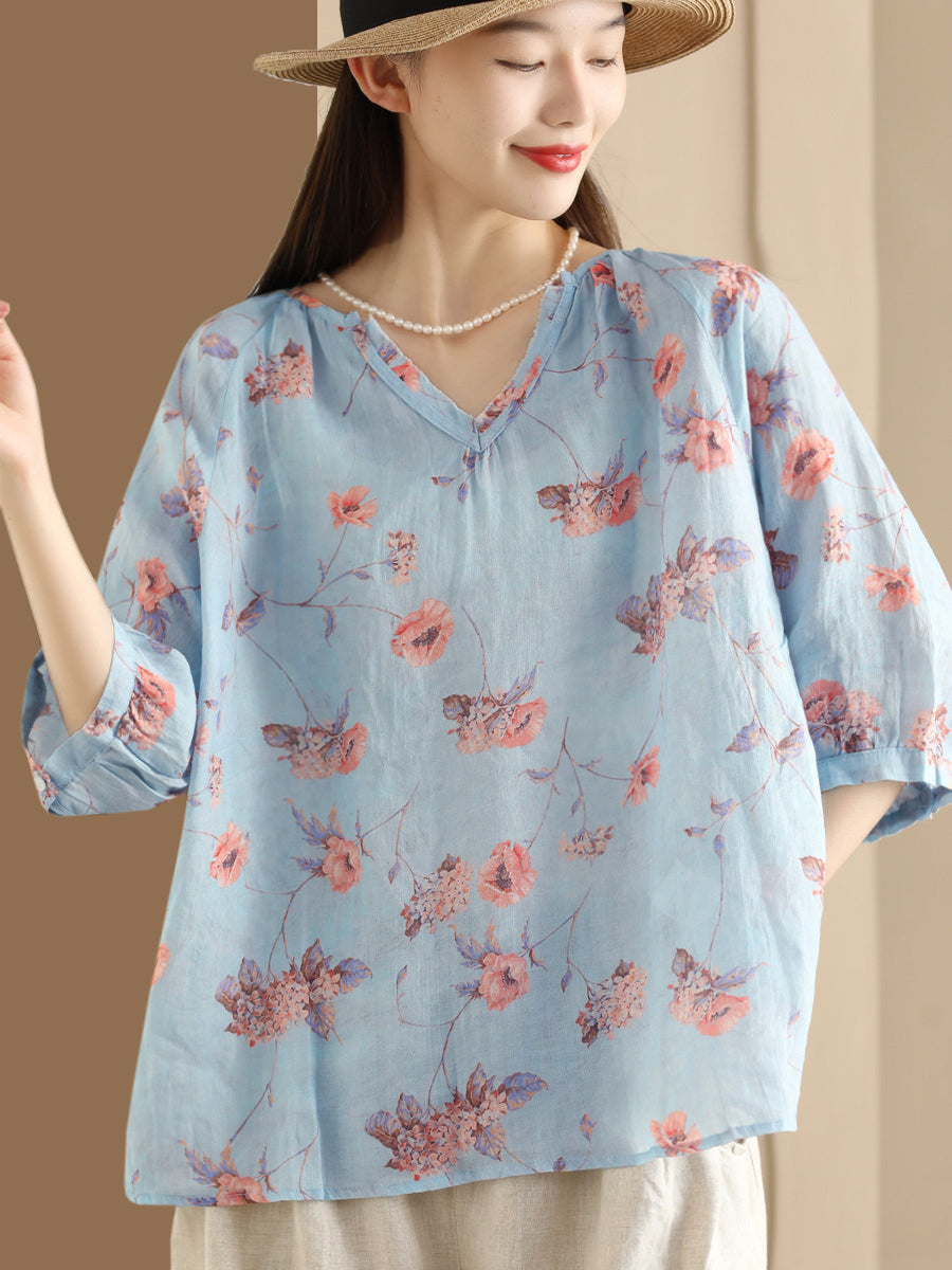 Women Summer Flower V-Neck Ramie Loose Shirt OO1035