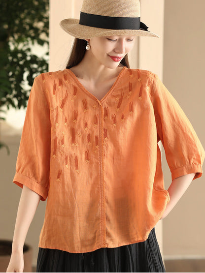 Women Summer Artsy Embroidery V-Neck Ramie Shirt FD005