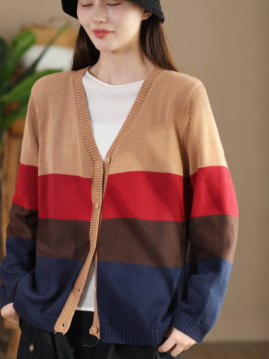 Women Autumn Colorblock V-Neck Knit Sweater AS1012