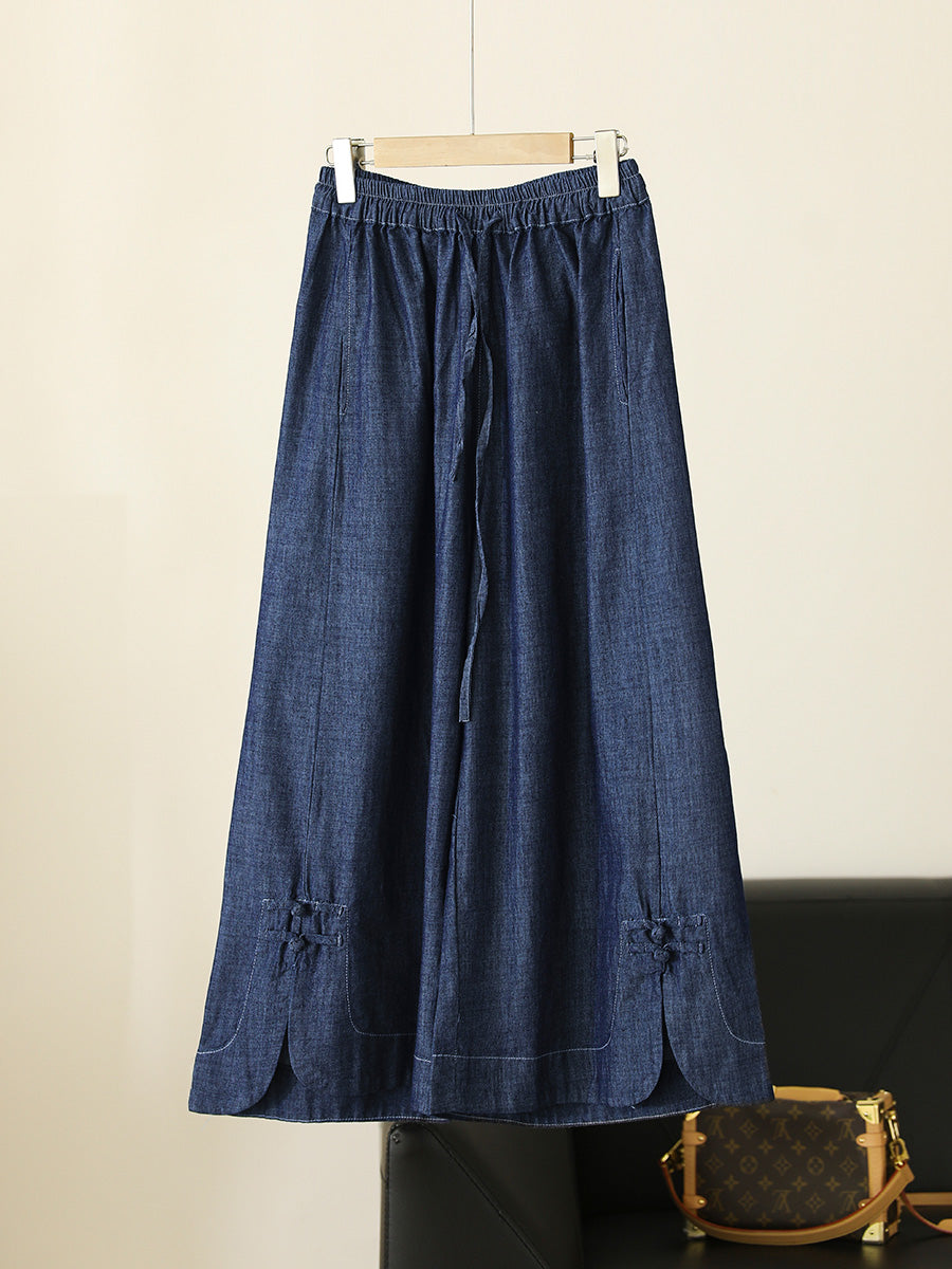 Women Summer Vintage Buckle Wide-leg Denim Pants CX031