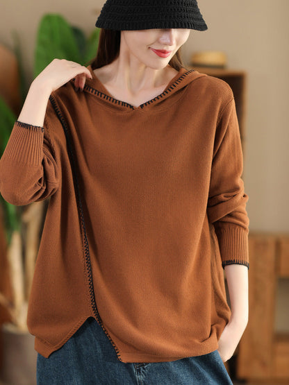 Women Autumn Casual Split Hem Knit Hooded Blouse AI1066