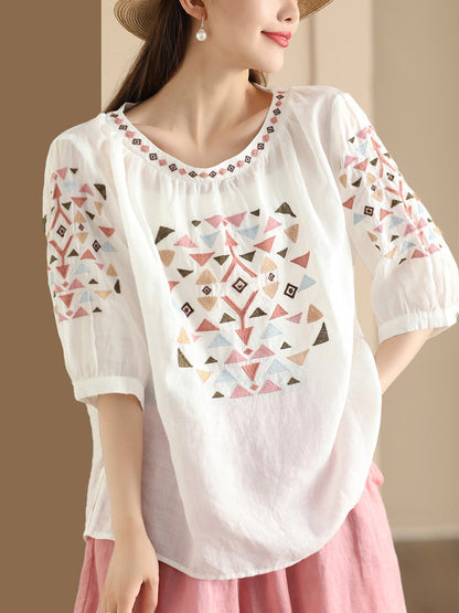 Women Summer Vintage Embroidery O-Neck Ramie Shirt OP1042