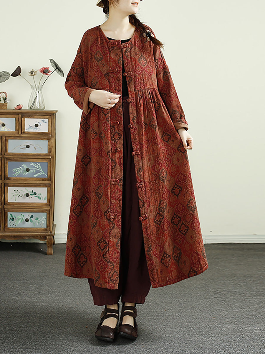 Women Ethnic Flower Button Linen Shirt Coat AI1017