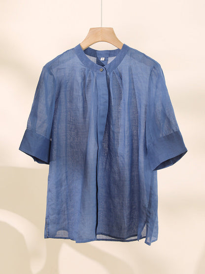 Chemise d'été en ramie unie à col en V pour femme CC051