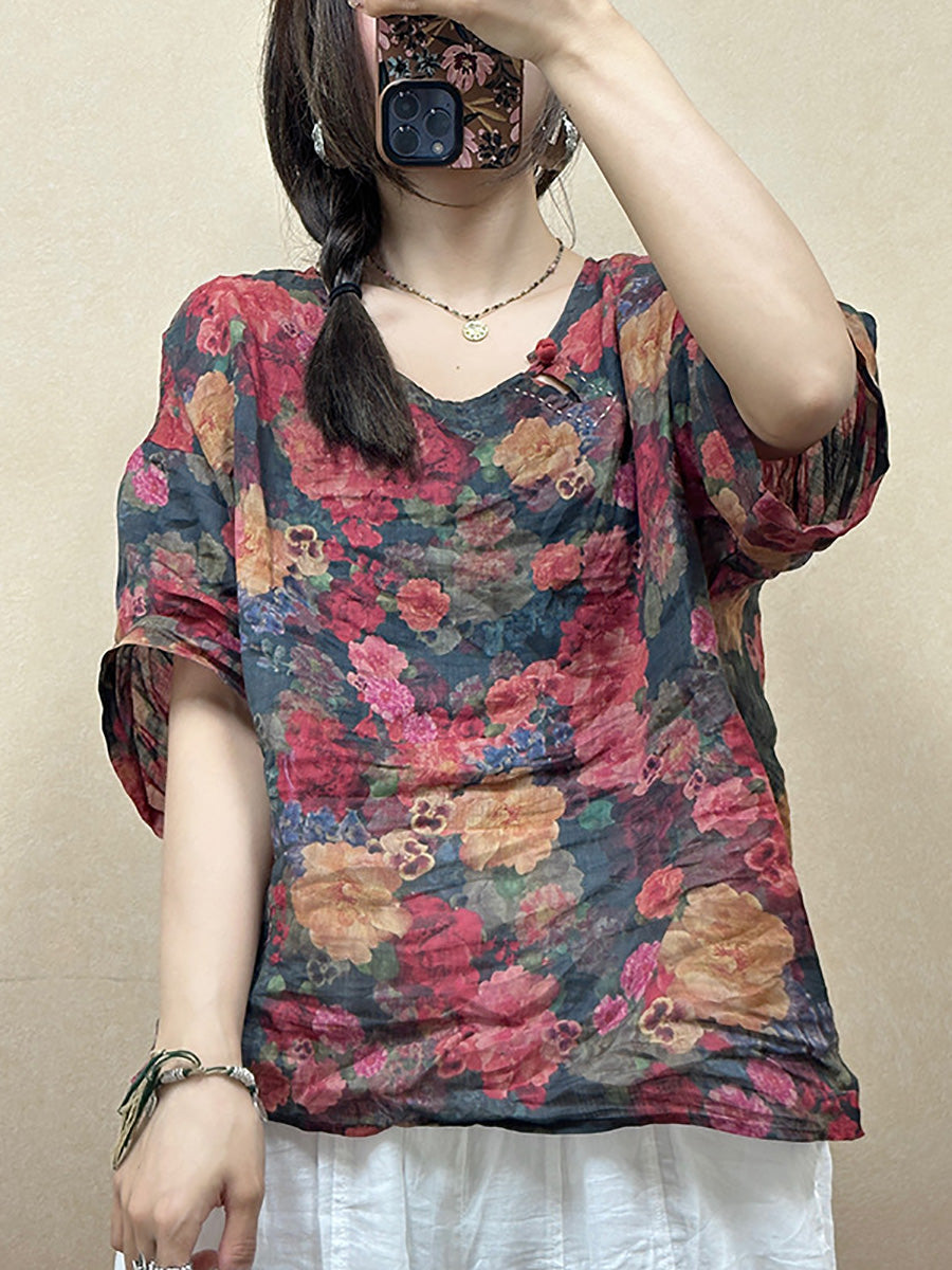 Women Summer Vintage Flower O-Neck Ramie Shirt PP1018