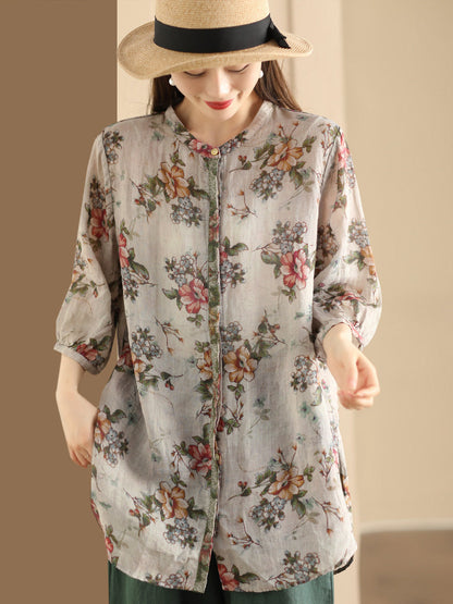 Chemise longue d'été en ramie à imprimé floral artistique pour femme BN1007