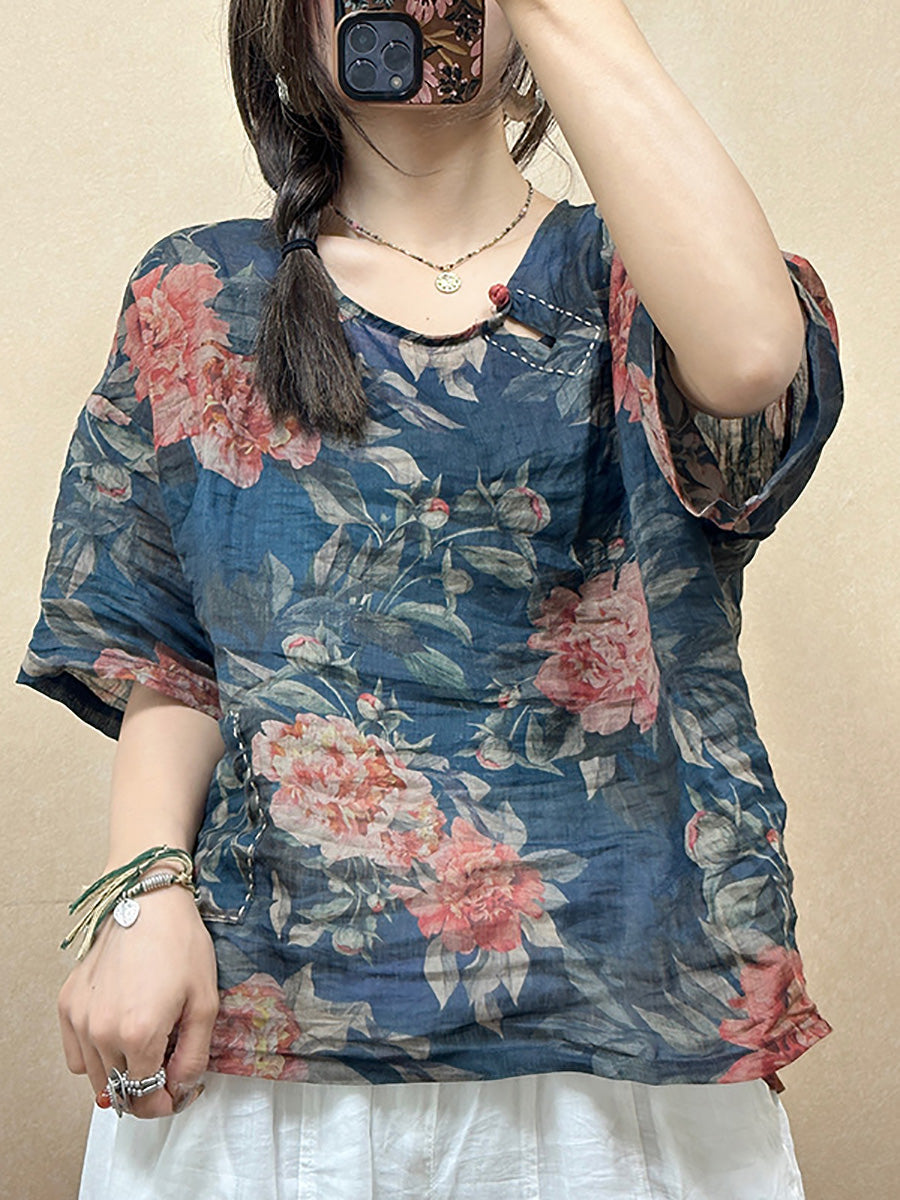 Women Summer Vintage Flower O-Neck Ramie Shirt PP1018