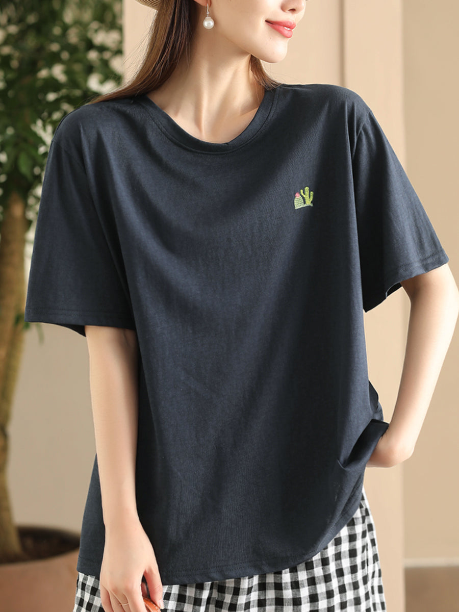 Women Summer Casual Solid Embroidery O-Neck Cotton Shirt CX060