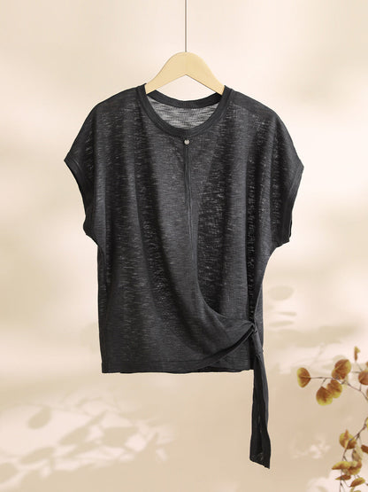 Women Summer Artsy Strap O-Neck Solid Shirt CX005