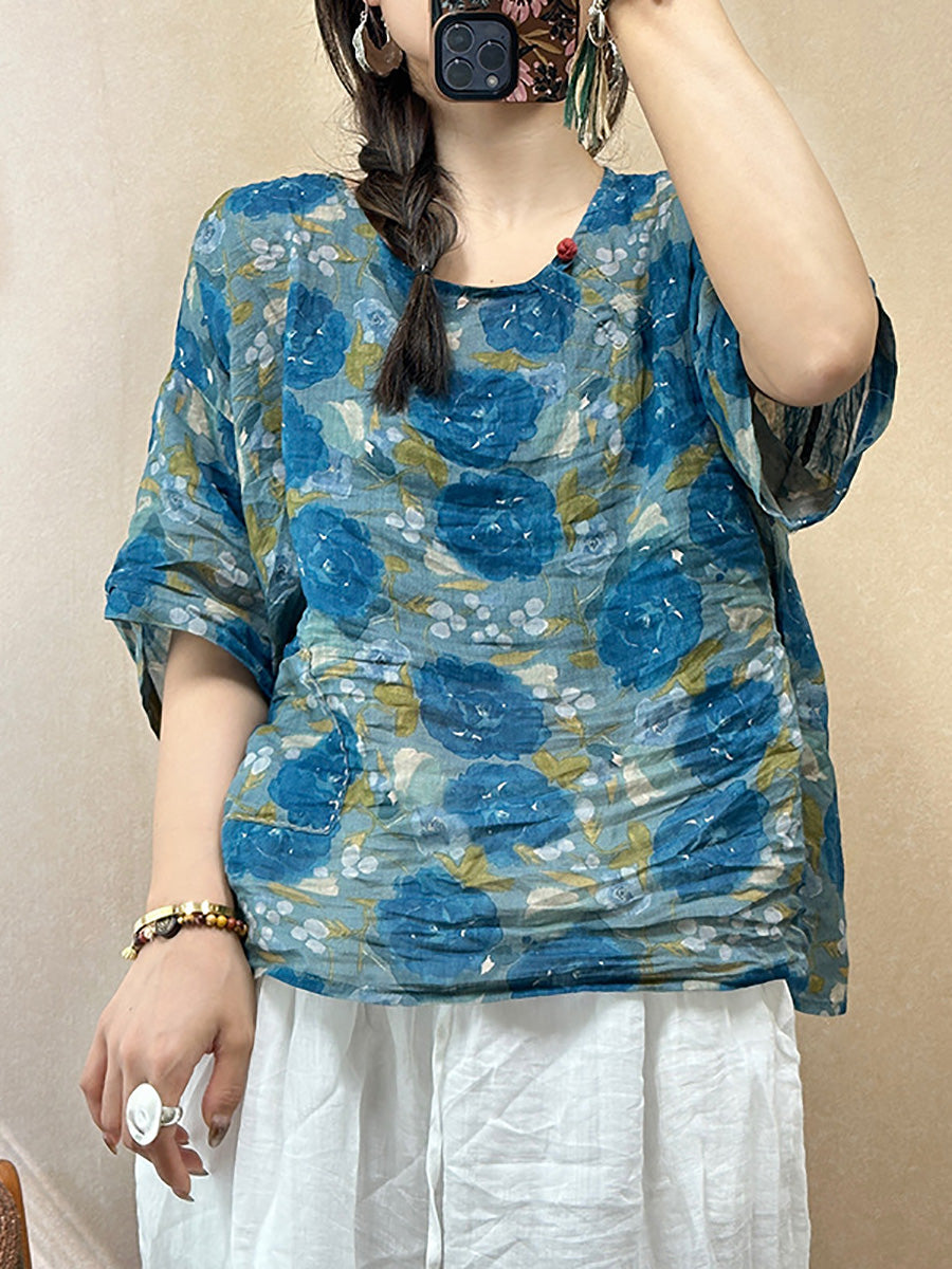 Women Summer Vintage Flower O-Neck Ramie Shirt PP1018