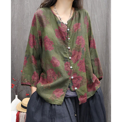 Chemise d'été en ramie à col en V et boutons pour femme, style vintage, à fleurs, OP1054