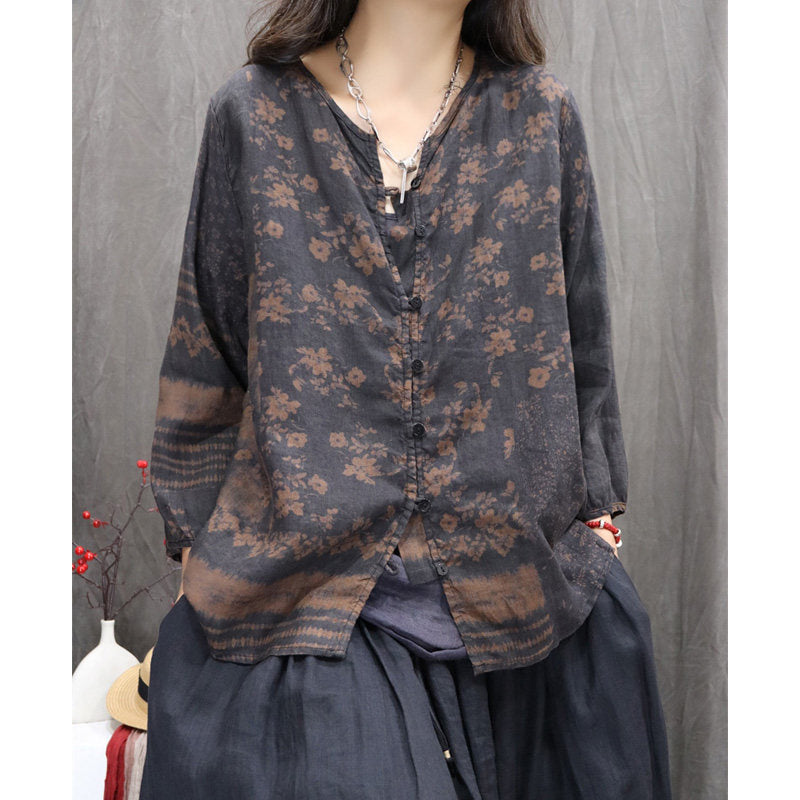 Chemise d'été en ramie à col en V et boutons pour femme, style vintage, à fleurs, OP1054