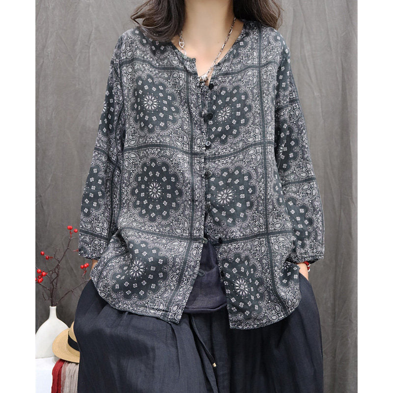 Chemise d'été en ramie à col en V et boutons pour femme, style vintage, à fleurs, OP1054