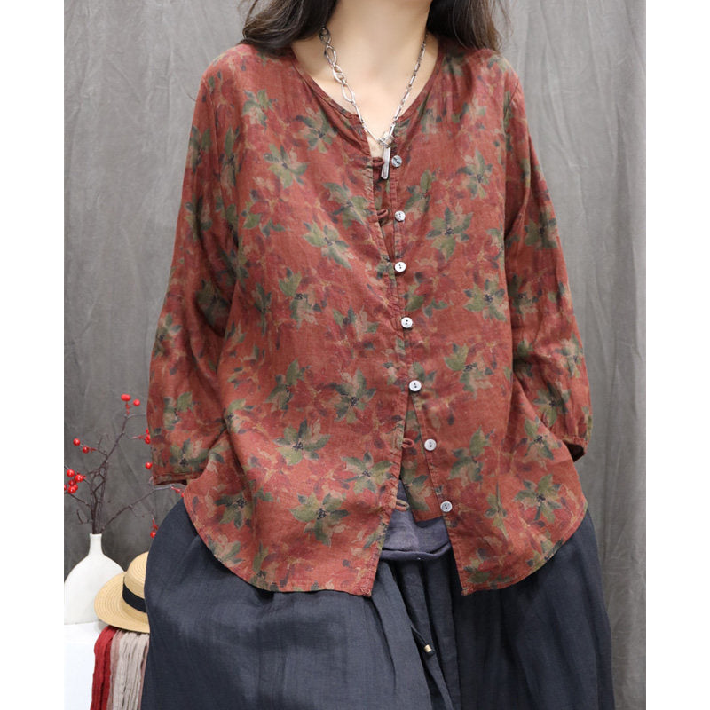 Chemise d'été en ramie à col en V et boutons pour femme, style vintage, à fleurs, OP1054