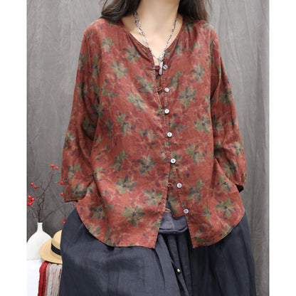 Chemise d'été en ramie à col en V et boutons pour femme, style vintage, à fleurs, OP1054