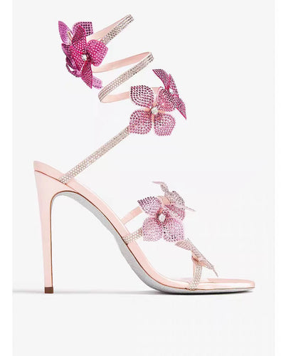 Faux Floral Splicing Zircon Sandals Boutique Stiletto Leather