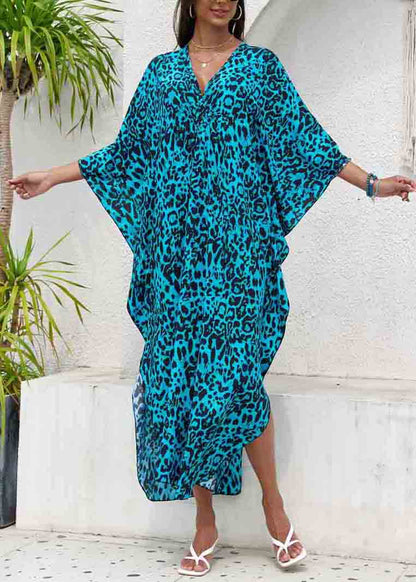 Blue Side Open Chiffon Sea Print Beach Dress V Summer Neck