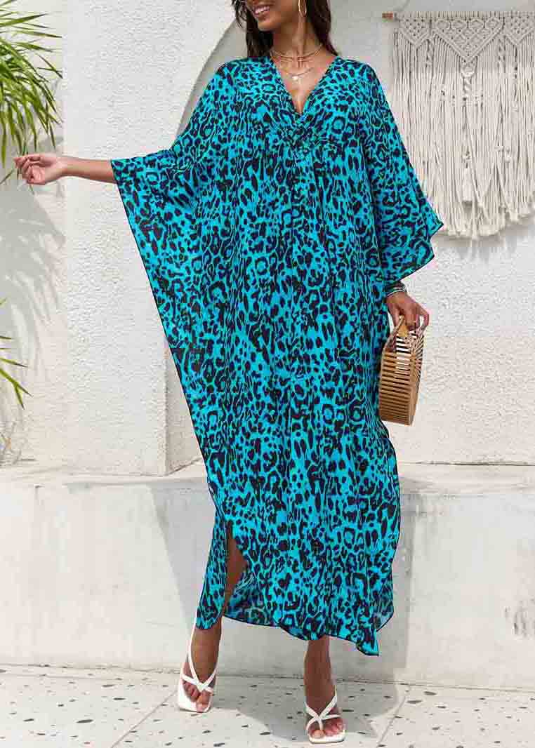 Blue Side Open Chiffon Sea Print Beach Dress V Summer Neck